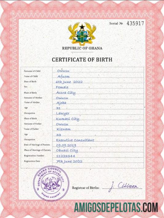 Em branco modelo PSD de certidão de nascimento de registro vital de Gana